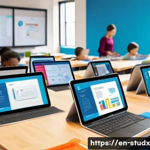 학생 맞춤형 진도 관리 방법 - A modern classroom scene showing diverse students engaged with adaptive learning platforms on tablet...