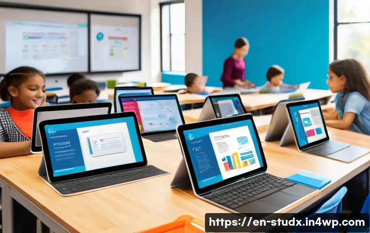 학생 맞춤형 진도 관리 방법 - A modern classroom scene showing diverse students engaged with adaptive learning platforms on tablet...