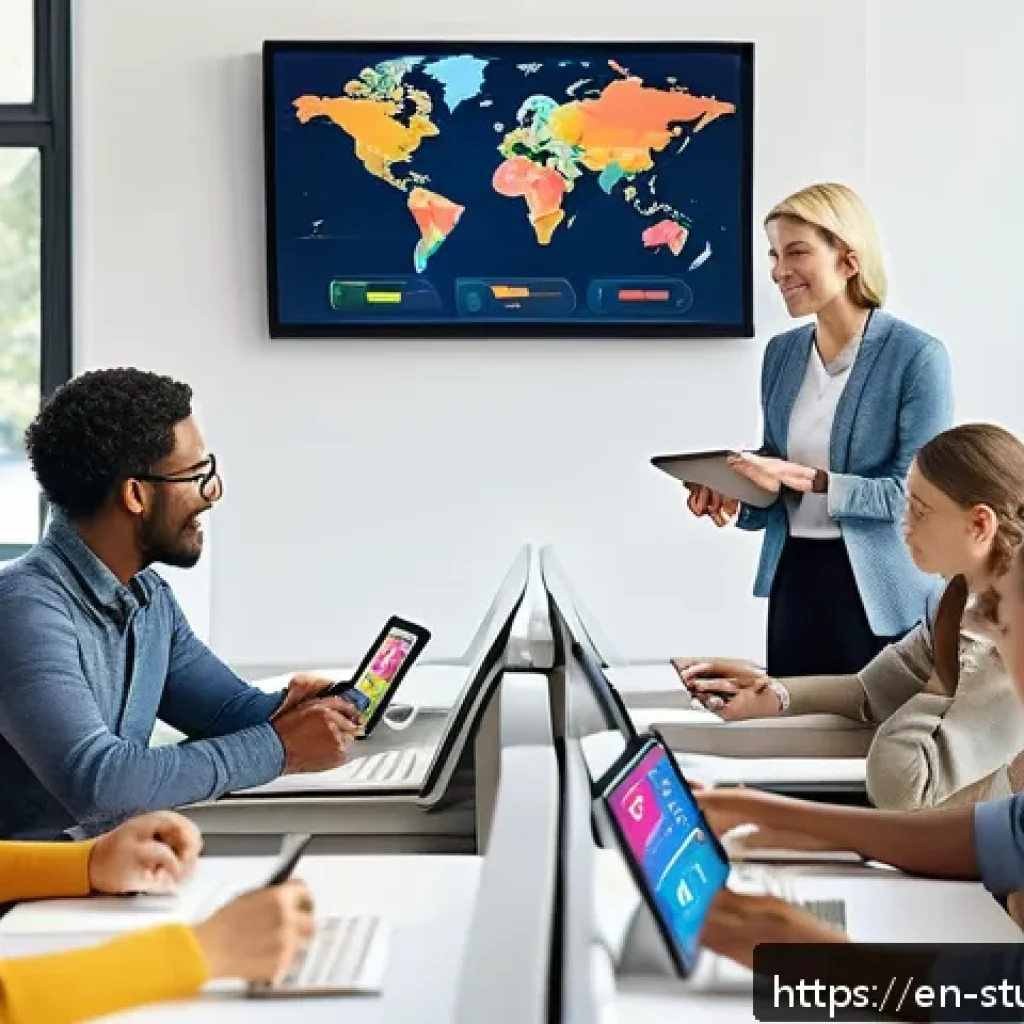 학습 진도 추적을 통한 성과 분석 - A modern classroom scene featuring diverse adult learners engaged with digital tablets displaying co...