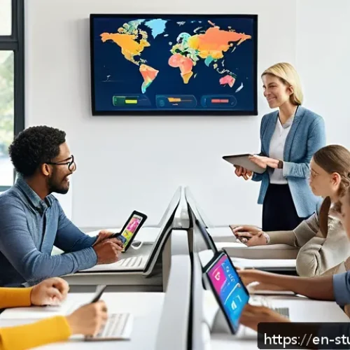 학습 진도 추적을 통한 성과 분석 - A modern classroom scene featuring diverse adult learners engaged with digital tablets displaying co...