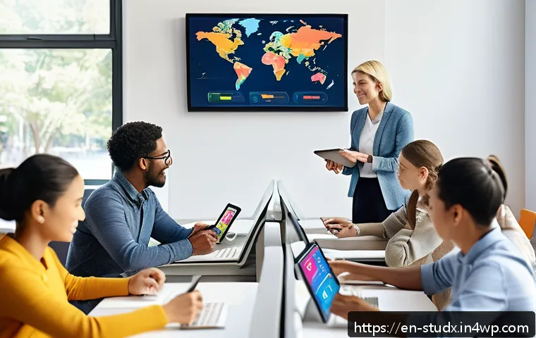 학습 진도 추적을 통한 성과 분석 - A modern classroom scene featuring diverse adult learners engaged with digital tablets displaying co...